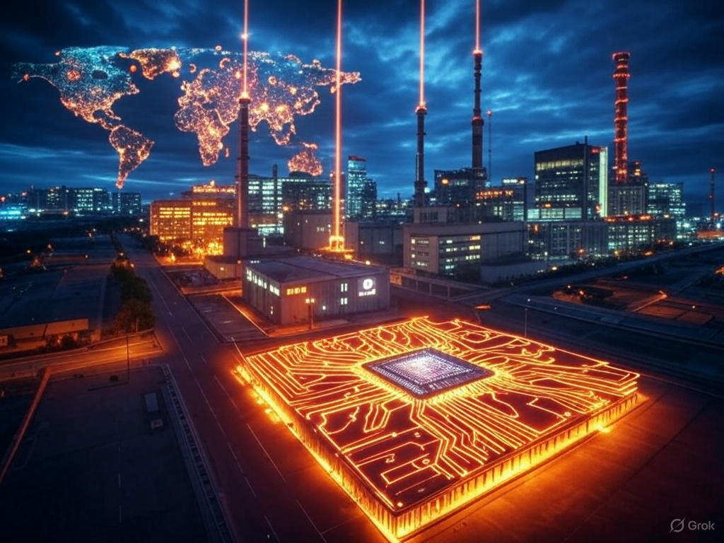 high-tech digital illustration showcasing a Chinese tech giant’s breakthrough in slashing AI costs with local chips, set in a dramatic 2025 landscape. The scene features a sleek, glowing semiconductor factory in Shanghai, its smokestacks replaced by radiant beams of data streaming into the sky, symbolizing China AI chips. In the foreground, a massive, intricately detailed microchip pulses with neon circuits in red and gold—China’s national colors—etched with subtle Huawei and Alibaba logos. Above, a swarm of AI-driven drones and autonomous vehicles hums with energy, powered by these local semiconductor advancements. In the background, a faint, cracked NVIDIA logo fades into a stormy horizon, hinting at the U.S.-China tech rivalry, while a vibrant digital map of the world highlights China’s dominance in the geopolitical tech race, with glowing nodes in BRICS nations. Scattered across the cracked earth, piles of discarded U.S. chips contrast with shiny new Chinese batteries and AI cost reduction symbols—like yuan coins and energy meters ticking downward. The atmosphere is cinematic, with a mix of deep blues, electric yellows, and fiery reds, blending a domestic tech innovation vibe with a sense of global triumph. Ultra HD, 8K detail, styled like a blend of cyberpunk art and a National Geographic tech exposé